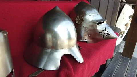 Two knight's helmets in the castle. Stock Footage 122425990