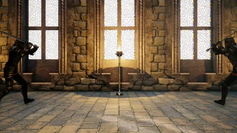 Two knights in medieval armor fight with magical swords Stock Footage 96025609