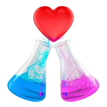 Two lab flasks with blue and pink splashes, love chemistry concept. 3D rend.. Stock Illustration