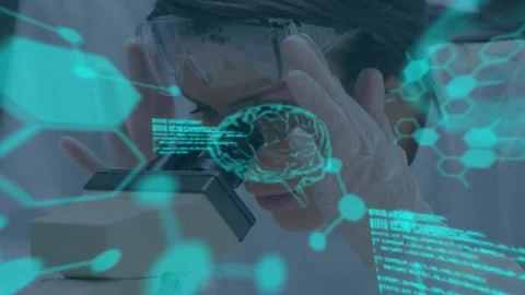 Two lab scientists leaning into microscope, focusing and peering, teal overlays Vidéo 332296527