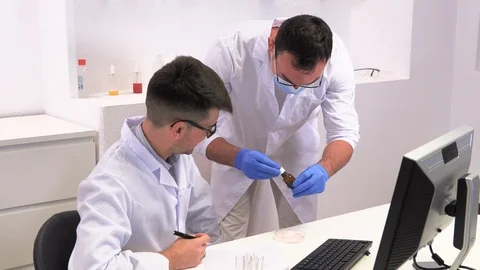 Two lab workers research microbiology Stock Footage 117572037