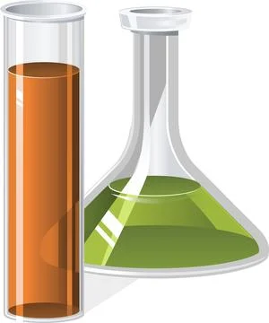 Two laboratory flasks, a tall test tube with orange liquid and an Erlenmeyer Stock Illustration