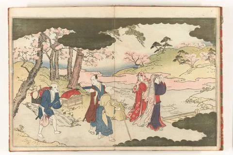 Two Ladies Flower-Viewing at Kyoto. Eleventh and twelfth page from the Boo... Stock Photos