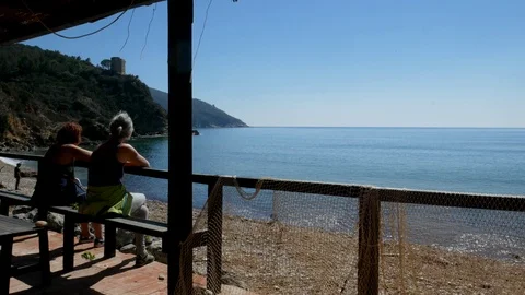 Two Ladies rest seated in front of the sea in a sunny day Stock Footage 105219293