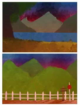 Two Lakeside Mountain Scenes During Purple Twilight Illustration Stock Illustration