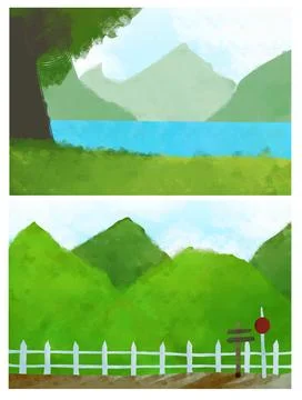 Two Lakeside Mountain Scenes During Bright Day Illustration Stock Illustration