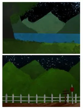 Two Lakeside Mountain Scenes Under Starry Night Illustration Stock Illustration