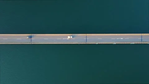 Two Lane Road Bridge Over Cecebre Dam  - aerial static shot Video stock 292122806