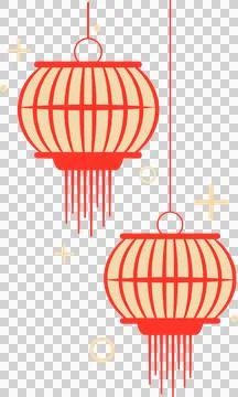 Two lanterns are hanging in flat design with plus and circle motifs on Stock Illustration