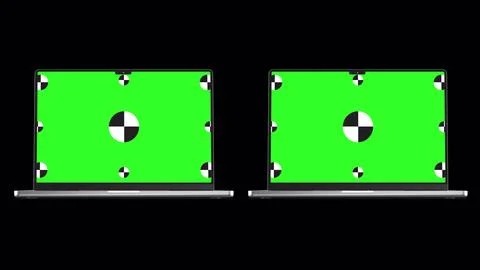 Two laptop revolves around on black background with Alpha channel for chroma key Stock Illustration