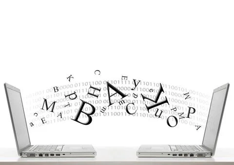 Two laptops and letters two laptops are sharing data by air Copyright: xZo... 스톡 사진