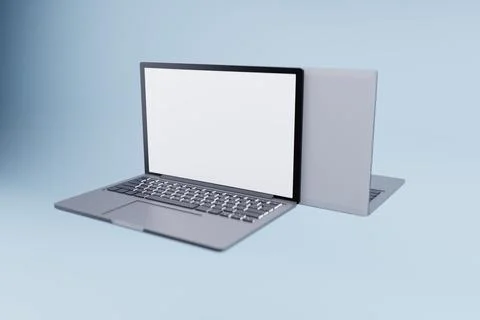 Two laptops, blank screen, blue studio, mockup, website Stock Illustration