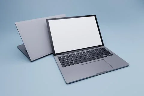 Two laptops, blank screen, blue background, mockup Stock Illustration