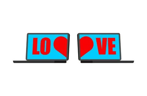 Two laptops displaying the word LOVE split between screens, symbolizing onl.. Stockillustratie