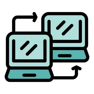 Two laptops exchanging data with double arrows for data transfer concept Stockillustratie