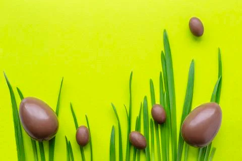 Two large and many small chocolate eggs. Eggs on the grass and on a green yel Stock Photos