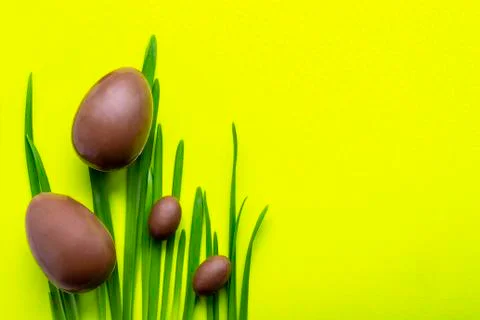 Two large and two small chocolate eggs on the green grass on the left side. E Stock Photos