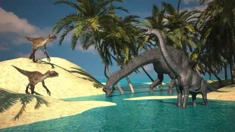 Two large Brachiosaurus grazing in shallow waters as two Utahraptors approach. Stock Illustration
