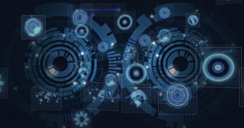 Two large concentric HUD circles glowing, showing data flow and node connections Stock Footage 307857420