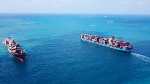 Two large container ships at sea - Aerial footage Stock Footage
