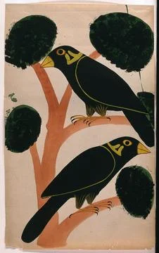 Two large crows perch on the branches of a tree. Gouache painting by an Ind.. Stock Illustration