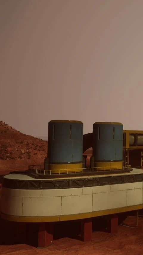 Two large cylinders are placed on a construction platform in a red landscape Stock Footage 335355871