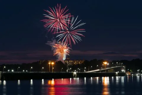 Two Large Firework Bursts over Wilson Dam in Florence / Muscle Shoals Stock Photos