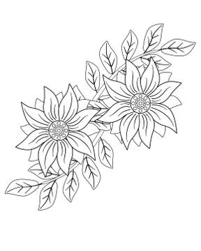 Two large flowers with small leaves - vector linear drawing for coloring. Stock Illustration