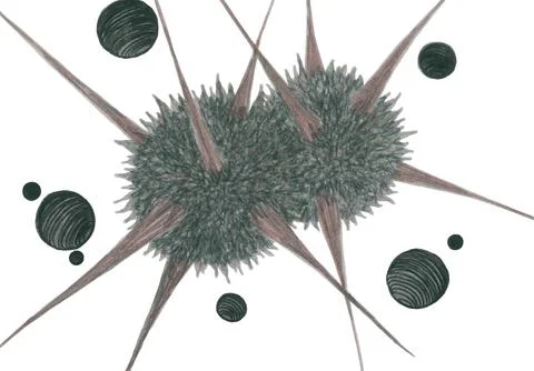 Two large fluffy balls with long sharp needles and little black bubbles Stock Illustration