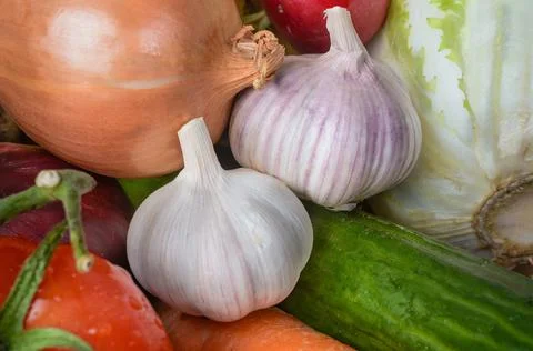 Two large garlic among other vegetables. Stock Photos