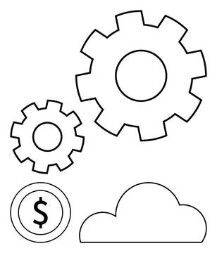 Two large gears, a cloud, and a dollar sign in an outlined minimalist style.  Stock Illustration