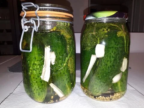 Two large jars with pickled cucumbers Stock Photos