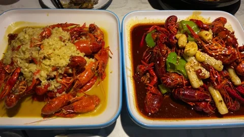 Two large plates of delicious crayfish Stock Footage 139597445