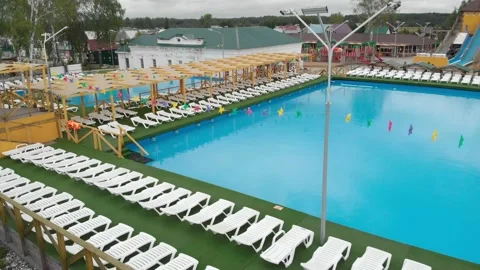 Two large pools are closed for quarantine COVID-19. Business problems. Aerial Stock Footage 131444772