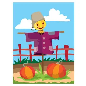 Two large pumpkins ripe in the garden in the fall and they are guarded by a s Stock Illustration