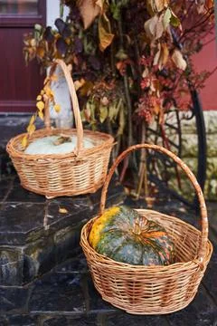Two large pumpkins in wicker baskets on the porch Stock Photos