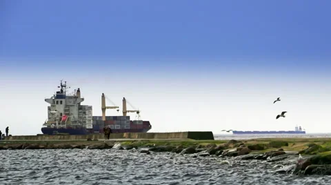 Two large ships and anonymous people who walking by mole Stock Footage 53187831