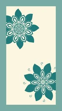 Two large teal mandala flowers decorate opposite corners of a cream vertica.. Stock Illustration