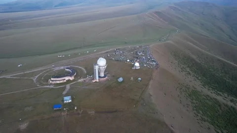 Two large telescope domes at sunset. Drone view Video stock 205519344