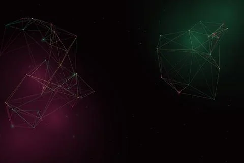 Two large translucent polygonal clusters glow in green and magenta against .. Illustrazione stock