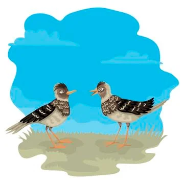 Two larks stand on the grass, blue sky on the background, vector characters of Stock Illustration