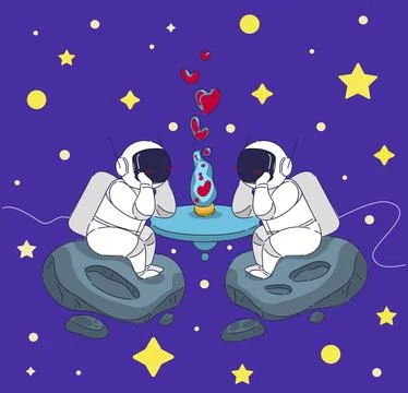 Two Latino astronauts sharing Cosmic drink on rock table Purple Space, Intimate Stock Illustration