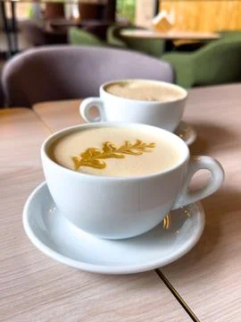 Two Latte Cups with Leaf Art on Wooden Table Stock Photos