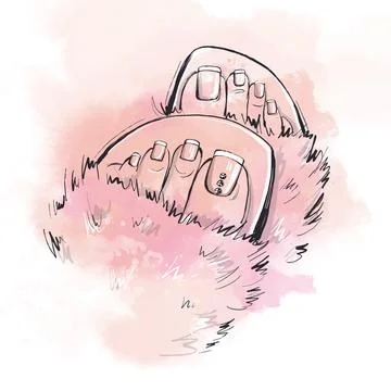 Two Legs with a cute pedicure in fluffy slippers. Pink nails, French manicure Stock Illustration