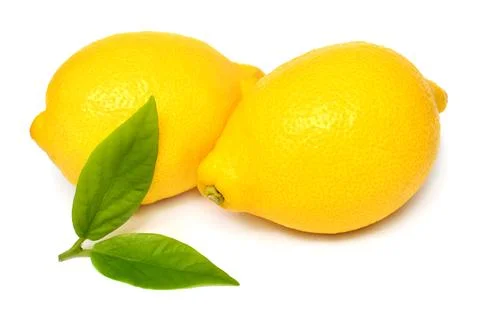 Two lemon with leaves isolated on white background Stock Photos