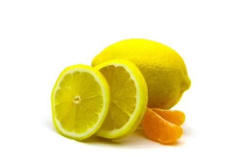 The two lemon slices and two slices of Mandarin Stock Photos