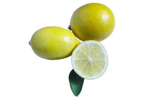 Two lemons half lemon and green leaf on white isolate background Stock Photos
