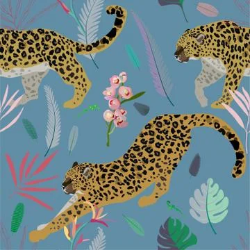 Two leopards on a light green background seamless vector illustration. Pictur Stock Illustration