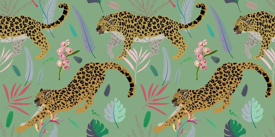 Two leopards on a light green background seamless vector illustration. Pictur Stock Illustration