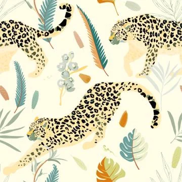 Two leopards on a light green background seamless vector illustration. Pictur Stock Illustration